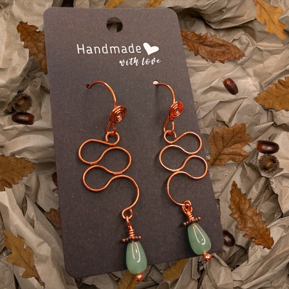Artisan Copper Wire Earrings with Green Adventurine Drop Beads - Picture 6 of 6